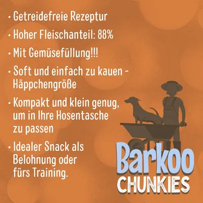 Barkoo Chunkies: συνταγή χωρίς δημητριακά, υψηλή περιεκτικότητα σε κρέας 88%, με γέμιση λαχανικών, μαλακό και εύκολο στο μάσημα, συμπαγές για τσέπη.