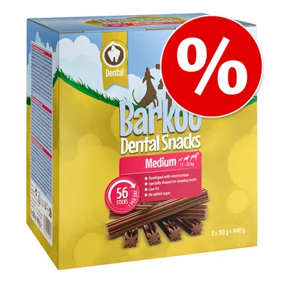 Barkoo Dental Snacks Medium til hunde 11-25 kg, 56 sticks, udviklet med dyrlæger, specielt formet til tandrensning, fedtfattig, uden tilsat sukker. Pakningsstørrelse: 8x180g = 1440g.