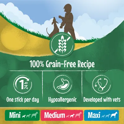100% Grain-Free Recipe, One stick per day, Hypoallergenic, Developed with vets, Mini, Medium, Maxi. Teksti englanniksi.