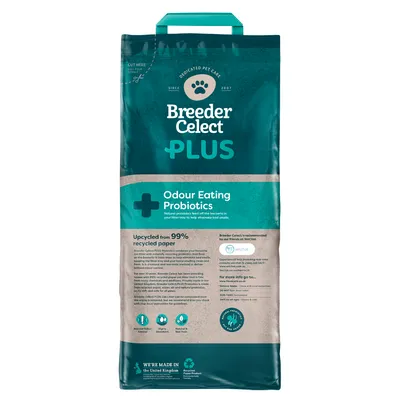 Breeder Celect Plus with odour eating probiotics, made from 99% recycled paper. Features natural probiotics to reduce bad smells. Made in the United Kingdom.