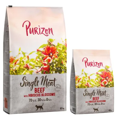 Purizon Single Meat Beef with Hibiscus Blossoms, 70 % viande, 30 % légumes, 0 % céréales, paquets de 6,5 kg et 400 g visibles sur l’image.