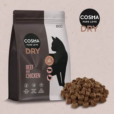 Cosma Pure Love Dry Adult, beef and chicken, air-dried, 100% grain-free, high meat content, fresh meat, only selected ingredients.
