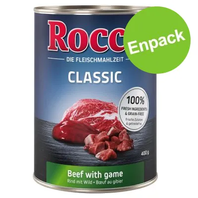 Rocco Classic Beef with game, 400 g burk. Text: 100% fresh ingredients & grain-free. Grön cirkel med texten Enpack.