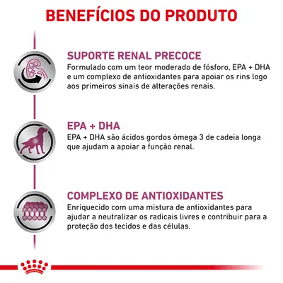 Benefícios do produto: suporte renal precoce, EPA + DHA para função renal, complexo de antioxidantes para proteção dos tecidos e células. Texto em português.
