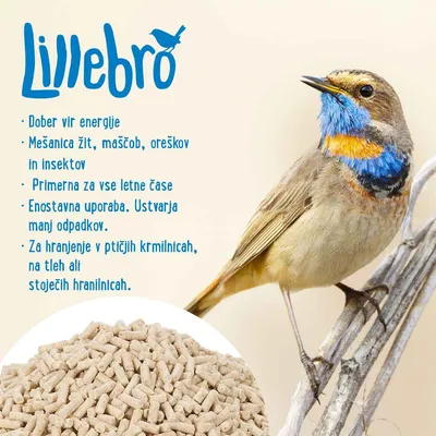 Lillebro. Dober vir energije. Mešanica žit, maščob, oreškov in insektov. Primerna za vse letne čase. Enostavna uporaba. Za hranjenje v ptičjih krmilnicah ali na tleh.
