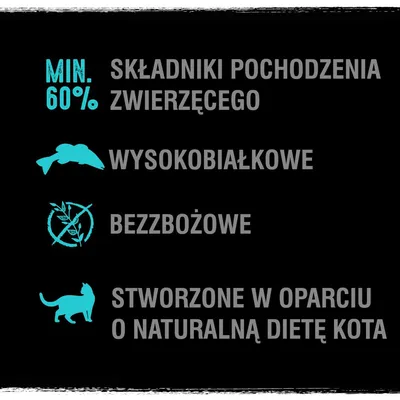 Min. 60% składniki pochodzenia zwierzęcego, wysokobiałkowe, bezzbożowe, stworzone w oparciu o naturalną dietę kota