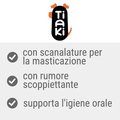 Tiaki. Con scanalature per la masticazione, con rumore scoppiettante, supporta l'igiene orale.