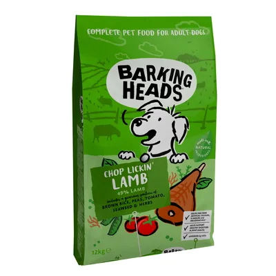 Barking Heads Chop Lickin' Lamb, 49% lamb, includes brown rice, peas, tomato, seaweed and herbs. Complete pet food for adult dogs. Made with natural ingredients. 12kg bag.