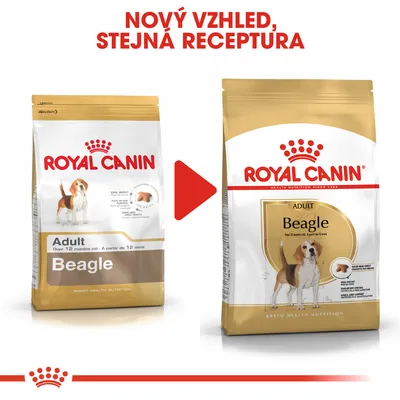 Porovnání starého a nového obalu krmiva Royal Canin Adult Beagle s textem: Nový vzhled, stejná receptura.