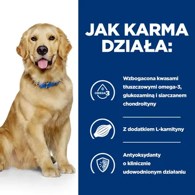 Jak karma działa: wzbogacona kwasami tłuszczowymi omega-3, glukozaminą i siarczanem chondroityny, z dodatkiem L-karnityny, antyoksydanty o klinicznie udowodnionym działaniu.