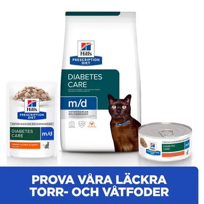 Hill's Prescription Diet Diabetes Care m/d för katt, torr- och våtfoder. Text: Prova våra läckra torr- och våtfoder.