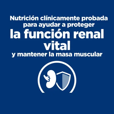 Nutrición clínicamente probada para ayudar a proteger la función renal vital y mantener la masa muscular. Imagen de riñón y escudo.