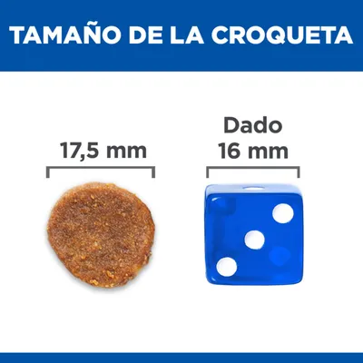 Comparativa de tamaño: croqueta de 17,5 mm junto a un dado azul de 16 mm. Texto superior: 'Tamaño de la croqueta'.