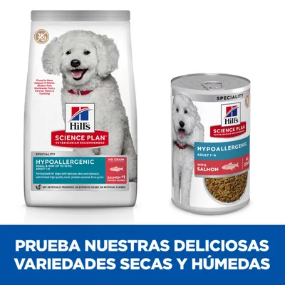Hill's Science Plan Hypoallergenic para perros, pienso seco y comida húmeda con salmón. Texto: Prueba nuestras deliciosas variedades secas y húmedas.