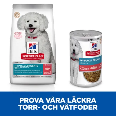 Hill's Science Plan Hypoallergenic torrfoder och våtfoder för hund, synlig text: 'NO GRAIN', 'WITH SALMON', samt reklamtext: 'PROVA VÅRA LÄCKRA TORR- OCH VÅTFODER'.