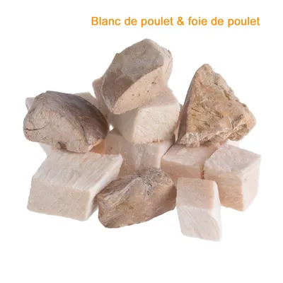 Morceaux de blanc de poulet et foie de poulet, texte visible : Blanc de poulet & foie de poulet