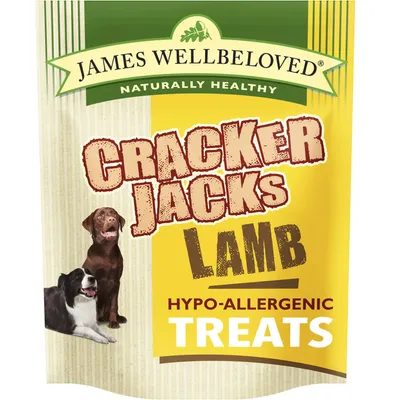 James Wellbeloved Cracker Jacks lamb hypo-allergenic treats, naturally healthy, visible on product packaging.