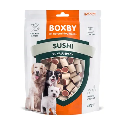 Boxby all natural dog treats Sushi XL Valuepack, курица и рыба, с низким содержанием жира, 360 г. Подходит для дрессировки и поощрения.