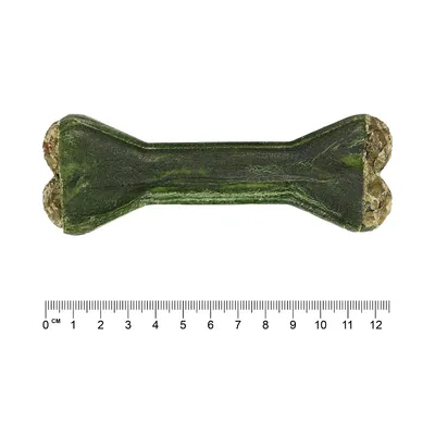 Grønt tyggeben med en længde på ca. 12 cm, vist ved siden af en lineal for størrelsesangivelse.