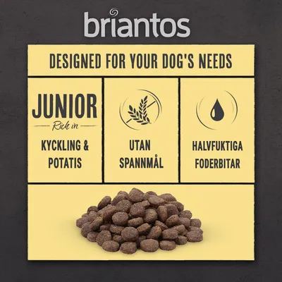 briantos. JUNIOR Rich in KYCKLING & POTATIS, UTAN SPANNMÅL, HALVFUKTIGA FODERBITAR. Hundfoderbitar synliga längst ner. Text på engelska och svenska.