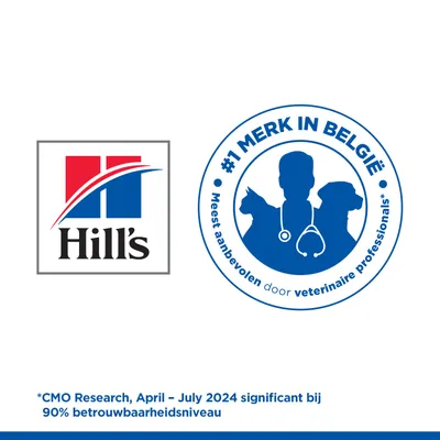 Hill's. #1 merk in België, het meest aanbevolen door veterinaire professionals. CMO Research april–juli 2024, 90% betrouwbaarheidsniveau.