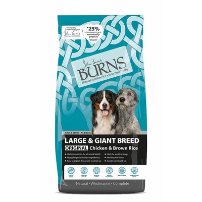 Sac de croquettes Burns Large & Giant Breed Original Chicken & Brown Rice, pour chiens adultes et seniors, mention 25 % des bénéfices reversés à des projets communautaires, texte en anglais.