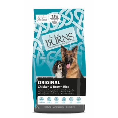 Burns Original Chicken & Brown Rice hundefoder, tekst: Adult & Senior – All Breeds, Natural nutrition for a long healthy life, billeder af to hunde på posen.