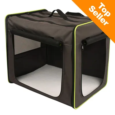 Trasportino pieghevole in tessuto nero con bordi verdi, maniglia superiore e finestre a rete laterali. Angolo in alto a destra con scritta Top Seller su sfondo arancione.