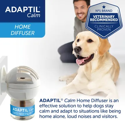 ADAPTIL Calm Home Diffuser shown with a dog and text stating it helps dogs stay calm and adapt to being home alone, loud noises and visitors. Veterinary recommended and clinically proven.