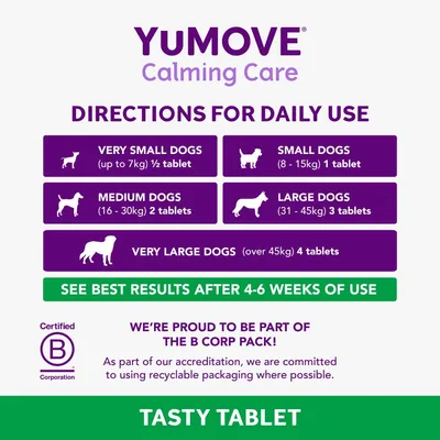 Daily use directions: very small dogs up to 7kg half tablet, small dogs 8-15kg one tablet, medium dogs 16-30kg two tablets, large dogs 31-45kg three tablets, very large dogs over 45kg four tablets.