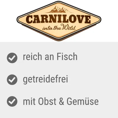 Carnilove into the Wild. Texte en allemand : reich an Fisch, getreidefrei, mit Obst & Gemüse.