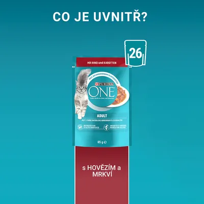 Purina ONE Adult, 85 g, s hovädzím a mrkvou. Balenie obsahuje 26 ks. Text na obale v nemčine: Mit Rind und Karotten.