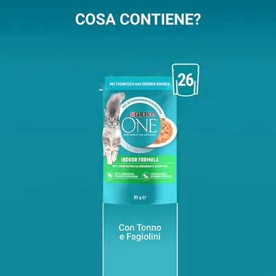 Purina ONE Indoor Formula 85 g, con tonno e fagiolini. Immagine di confezione per gatti, testo visibile: 'Con Tonno e Fagiolini', simbolo 26 porzioni.