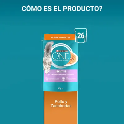 Purina ONE Sensitive, 85 g, con pollo y zanahorias. Texto visible: Mit Huhn und Karotten, Pollo y Zanahorias, 26, SENSITIVE. Imagen de un gato en el envase.
