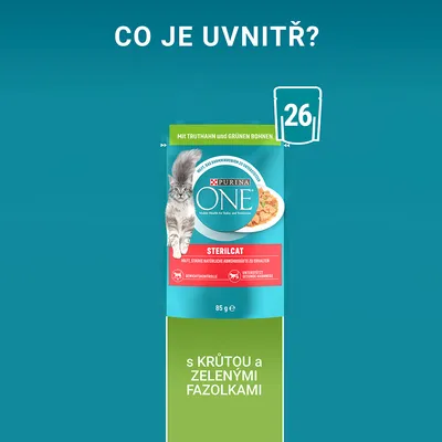 Purina ONE Sterilcat, 85 g, s morčacím mäsom a zelenými fazuľkami. Balenie obsahuje 26 vrecúšok. Text na obale je v češtine a nemčine.