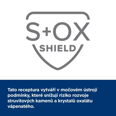 S+OX SHIELD. Tato receptura vytváří v močovém ústrojí podmínky, které snižují riziko rozvoje struvitových kamenů a krystalů oxalátu vápenatého.