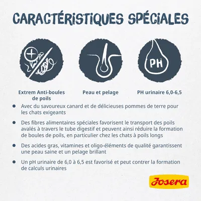 Caractéristiques spéciales Josera : anti-boules de poils, peau et pelage, pH urinaire 6,0–6,5. Avec canard, pommes de terre, fibres alimentaires, acides gras, vitamines, oligo-éléments.