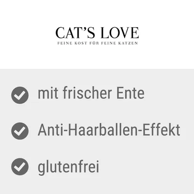 CAT'S LOVE, FEINE KOST FÜR FEINE KATZEN. mit frischer Ente, Anti-Haarballen-Effekt, glutenfrei (saksa).