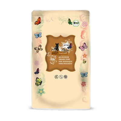catz finefood BIO-SCHWEIN ORGANIC PORK -kissanruoka, pakkauksessa myös BIO-merkki ja tuotenumero N°509. Teksti useilla kielillä.