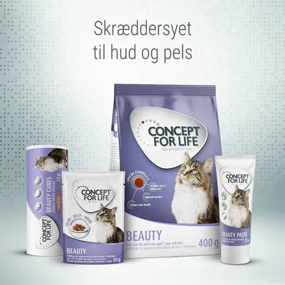 Concept for Life Beauty kattefoder og snacks, tekst: Skræddersyet til hud og pels. Pakker med kat og mærketekst: High premium cat food, BEAUTY, 400 g, 85 g, 75 g.