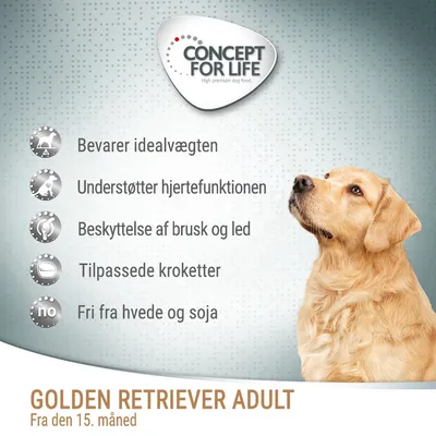 CONCEPT FOR LIFE. Bevarer idealvægten, understøtter hjertefunktionen, beskyttelse af brusk og led, tilpassede kroketter, fri fra hvede og soja. GOLDEN RETRIEVER ADULT fra den 15. måned.