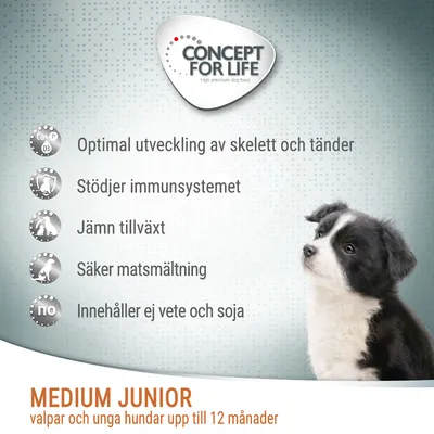 CONCEPT FOR LIFE. Optimal utveckling av skelett och tänder, Stödjer immunsystemet, Jämn tillväxt, Säker matsmältning, Innehåller ej vete och soja. MEDIUM JUNIOR valpar och unga hundar upp till 12 månader.