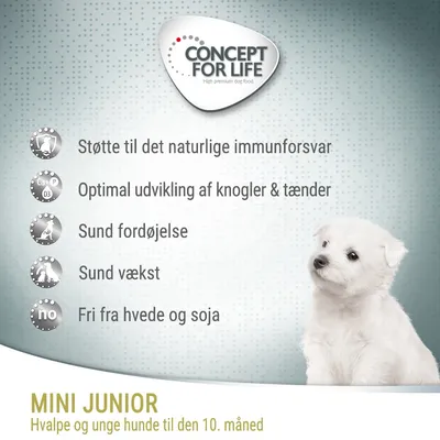 CONCEPT FOR LIFE. Støtte til det naturlige immunforsvar, optimal udvikling af knogler & tænder, sund fordøjelse, sund vækst, fri fra hvede og soja. MINI JUNIOR. Hvalpe og unge hunde til den 10. måned.