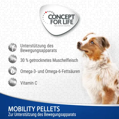 Concept for Life Mobility Pellets. Tuki liikuntaelimistölle, 30 % kuivattua simpukanlihaa, omega-3- ja omega-6-rasvahappoja, C-vitamiinia.