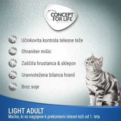 CONCEPT FOR LIFE Light Adult. Učinkovita kontrola telesne teže, ohranitev mišic, zaščita hrustanca in sklepov, uravnotežena bilanca hranil, brez soje. Mačke od 1. leta.