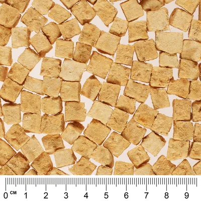 Snacks cuadrados para mascotas de color beige, tamaño aproximado 1 cm según regla visible en la parte inferior. Material con textura seca y uniforme.