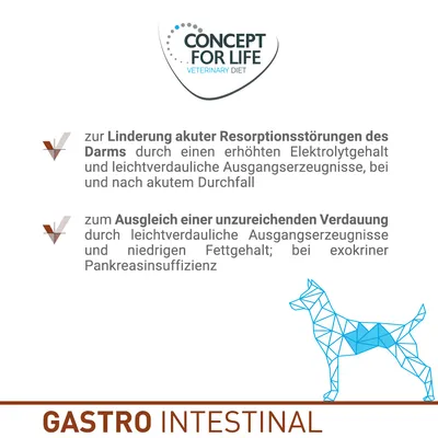 Concept for Life Veterinary Diet Gastro Intestinal: Unterstützung bei akuten Resorptionsstörungen und unzureichender Verdauung durch leichtverdauliche Zutaten und niedrigen Fettgehalt.