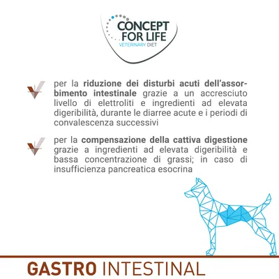 Concept for Life Veterinary Diet. Riduzione dei disturbi acuti dell’assorbimento intestinale e compensazione della cattiva digestione. GASTRO INTESTINAL.