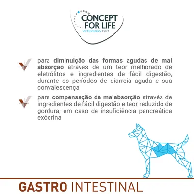 Concept for Life Veterinary Diet Gastro Intestinal: para diminuição das formas agudas de mal absorção e compensação da malabsorção, ingredientes de fácil digestão e teor reduzido de gordura.