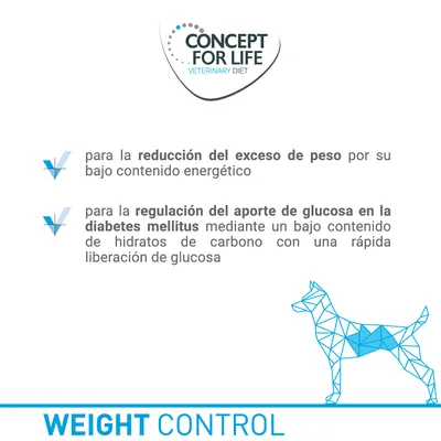Concept for Life Veterinary Diet. Para la reducción del exceso de peso y regulación del aporte de glucosa en la diabetes mellitus. Weight Control.